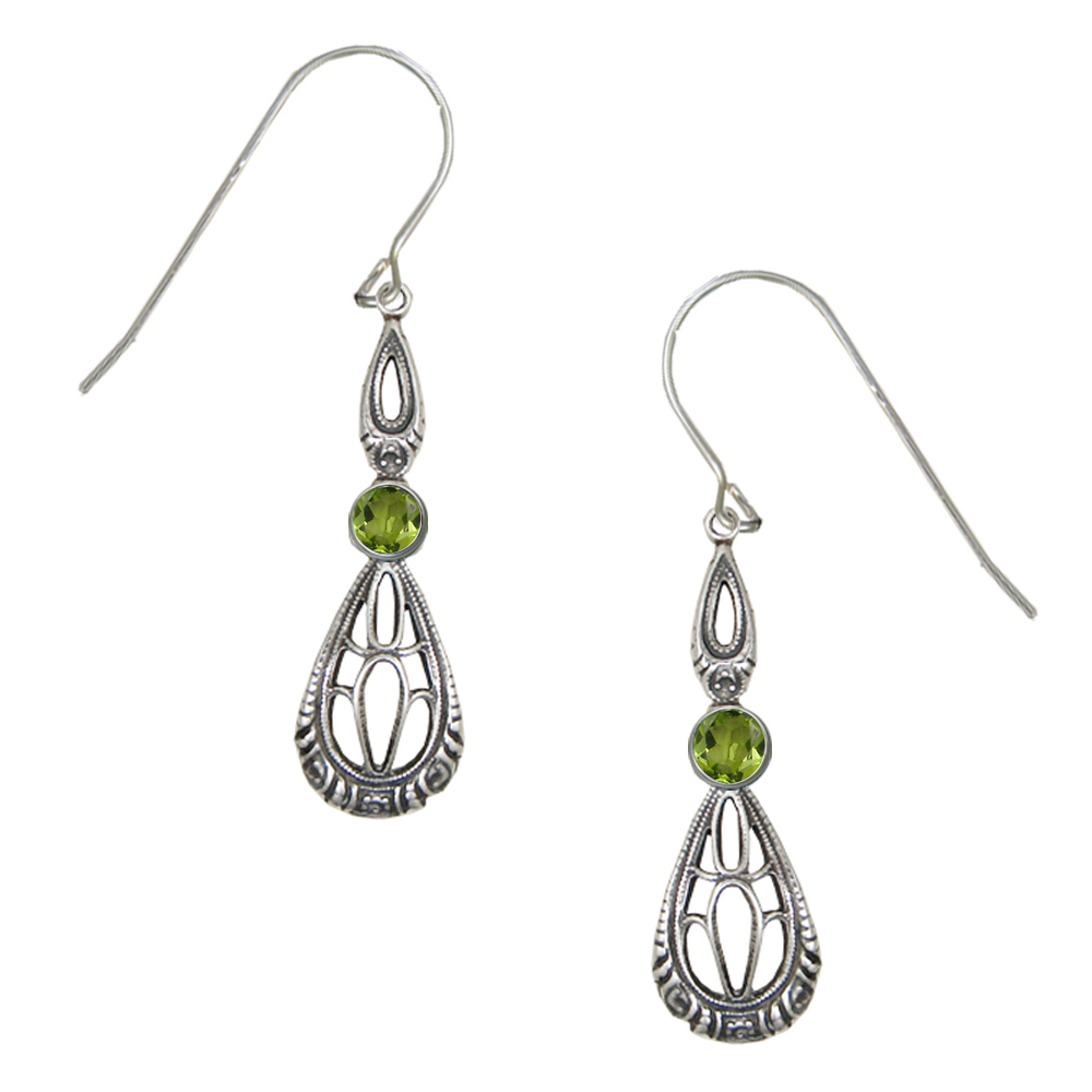 Sterling Silver Art Deco Drop Dangle Earrings With Faceted Peridot